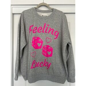 No Boundaries Feeling Lucky Heart Dice Sweatshirt XL Gray Neon Pink Graphic Crew